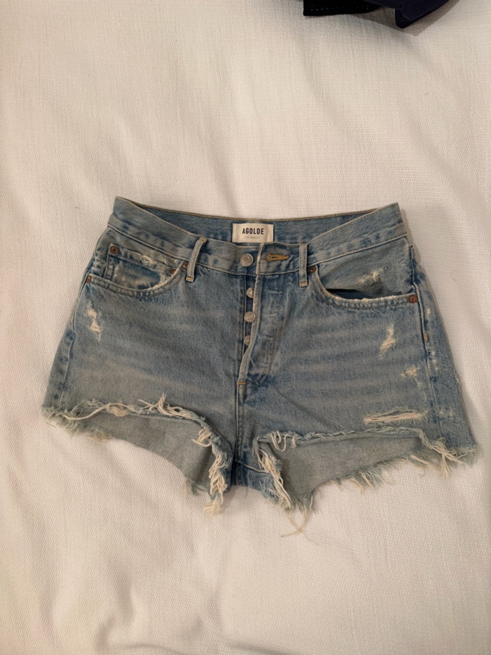 AGOLDE Light Blue High-Rise Distressed Denim “Parker” Shorts